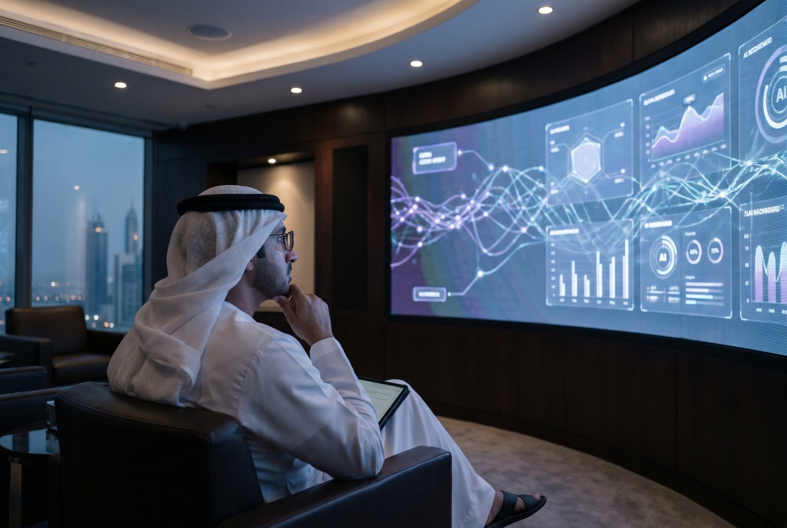 An Emirati executive directing autonomous AI dashboards in a Dubai briefing room