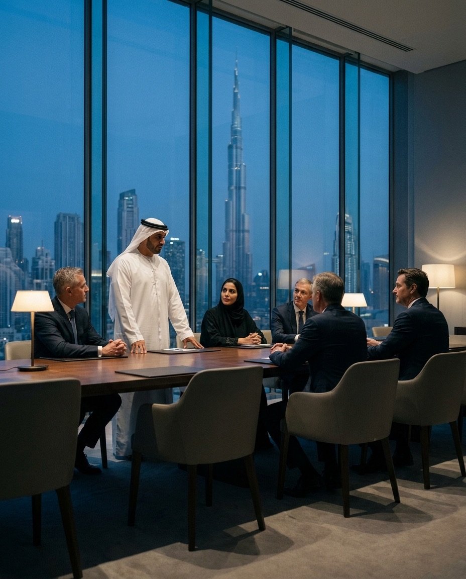 Senior UAE and international executives in a Dubai majlis boardroom with the Burj Khalifa at dusk